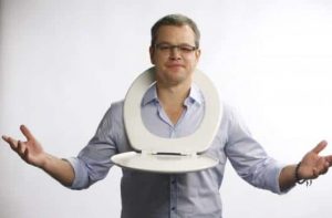 Matt Damon dons a (clean) toilet seat to spread awareness of the fact that the toilet is the single invention that has saved the most lives.
