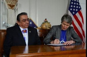 Secretary of the Interior Sally Jewell signed an agreement in 2015 guaranteeing the water rights of the Shoshone-Paiute Tribes in Nevada and ensuring water supplies and facilities for their Duck Valley Reservation. Joining Secretary Jewell in a signing ceremony was Shoshone-Paiute Chairman Lindsey Manning. — photo courtesy of nativenewsonline.net