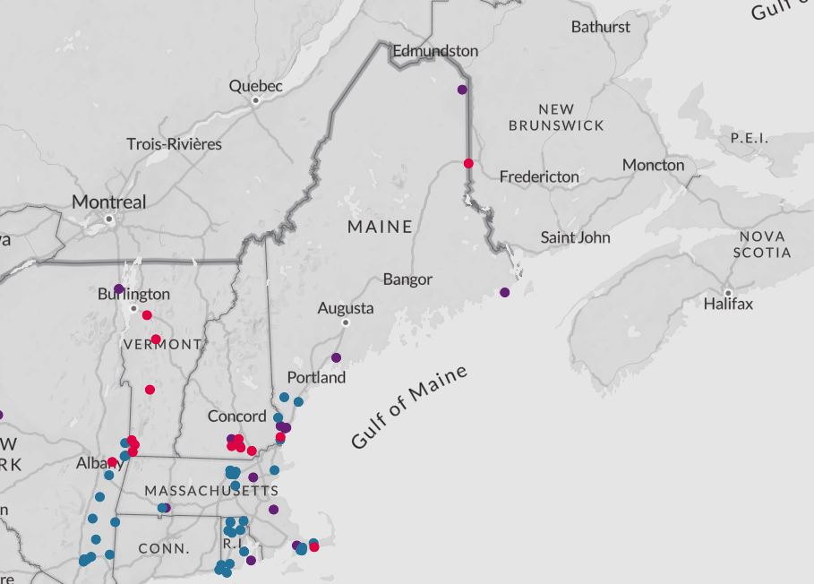 pfas sites located on a map - sites across new england