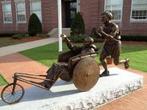 Statue honoring Dick and Rick Hoyt at the start of the Boston Marathon in Hopkinton, MA
